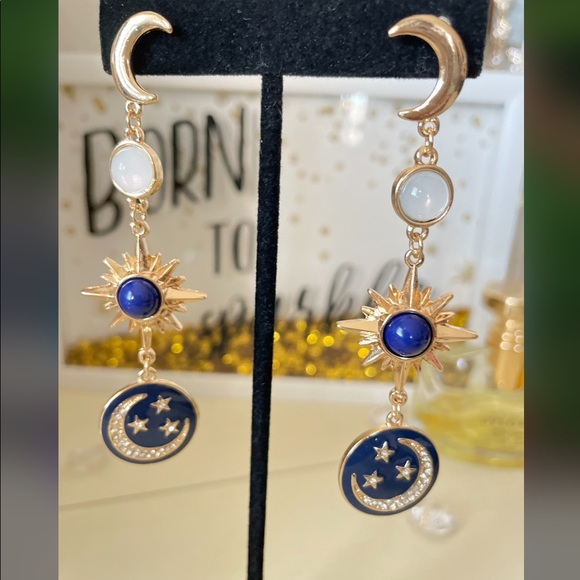 Boho Moon And Stars Drop Earrings Blue - Picture 2 of 5